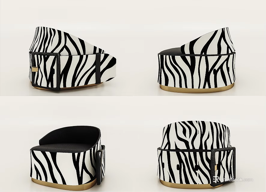 Modern Single Sofa With Zebra Pattern Black And White Upholstery And Gold Base Design 3d model
