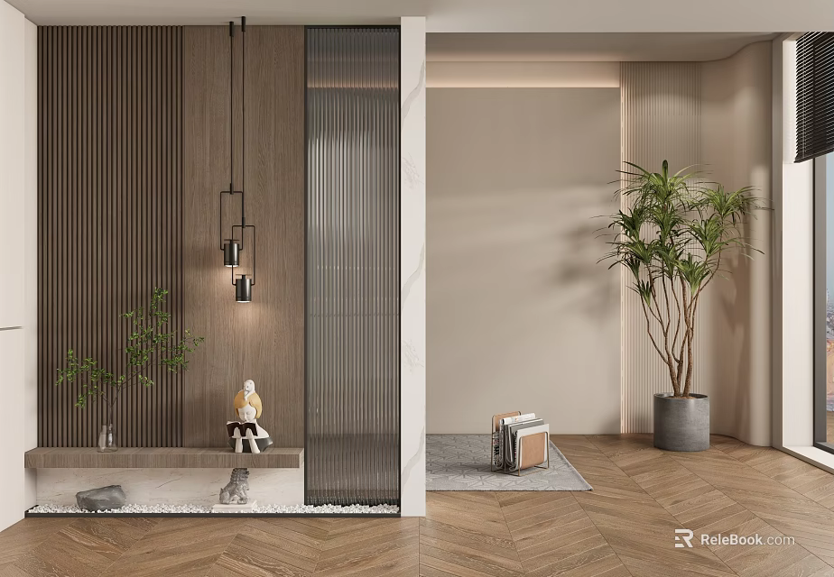 Modern Foyer Hallway Interior Design With Wooden Walls Glass Partition Herringbone Flooring And Green Plant Decoration 3d model 