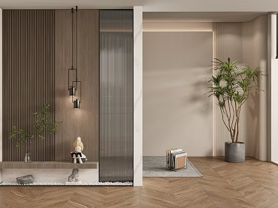 Modern Foyer Hallway Interior Design With Wooden Walls Glass Partition Herringbone Flooring And Green Plant Decoration 3d model