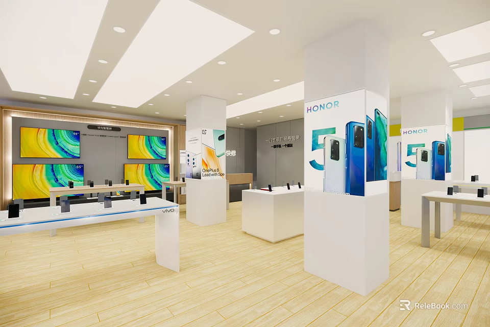 Modern Digital Store Interior With HONOR 5G Mobile Phones Display Counters And Large Screens 3d model 