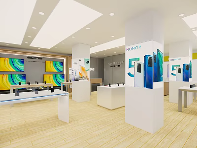 Modern Digital Store Interior With HONOR 5G Mobile Phones Display Counters And Large Screens 3d model