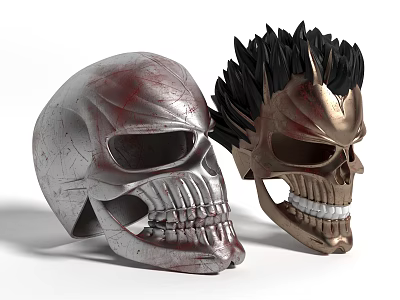 Gothic Decorative Skull Ornament Set With Cracked Texture Spiked Hair And Metallic Finish 3d model