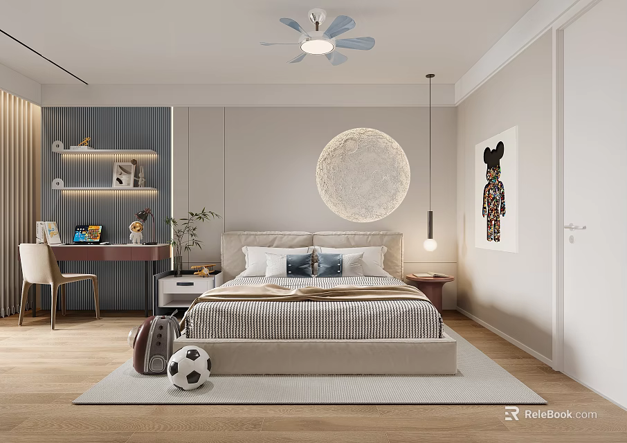 Modern Kids Bedroom Interior With Bed Soccer Ball And Study Desk 3d model 