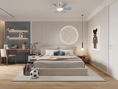 Modern Kids Bedroom Interior With Bed Soccer Ball And Study Desk 3d model
