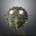 Fantasy Spiked Green Spherical Creature With Large Eyes Red Lips And Side Protrusions