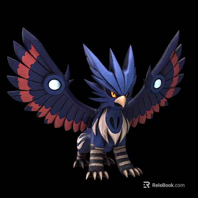 Mythical Blue Bird With Red Feathered Wings Glowing Eye Spots And Striped Legs 3d model 