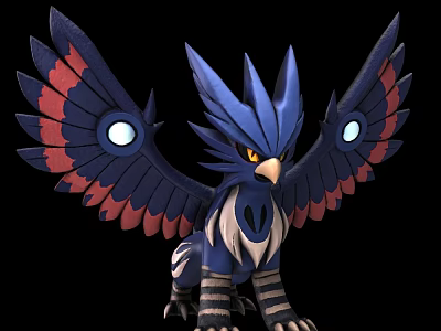 Mythical Blue Bird With Red Feathered Wings Glowing Eye Spots And Striped Legs 3d model