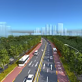 Wide Modern Urban Road Intersection With Lush Surrounding Green Trees And Orderly Running Vehicles