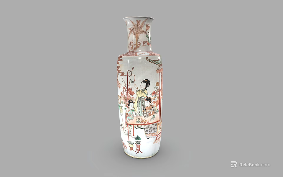Traditional Chinese Ceramic Vase With Painted Female Figures On White Base And Colorful Patterns 3d model 