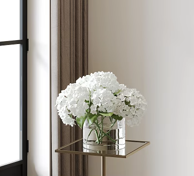 White Hydrangeas in Transparent Vase on Glass Table with Metal Edges Near Window 3d model