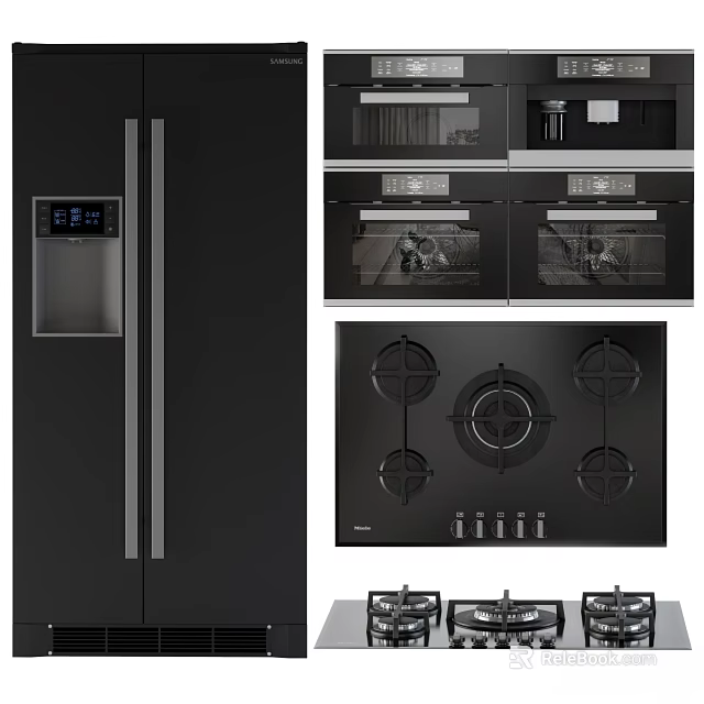 Modern Black Kitchen Appliances With Refrigerator Built in Ovens And Gas Stove 3d model 