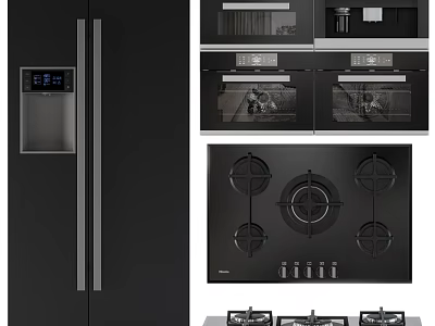 Modern Black Kitchen Appliances With Refrigerator Built in Ovens And Gas Stove 3d model
