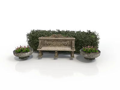 Stone Bench With Carved Details And Flower Pots In Garden Courtyard With Trimmed Bushes 3d model