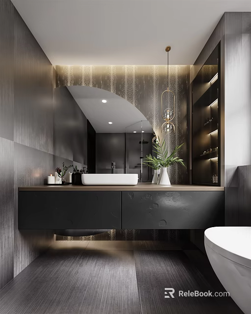 Modern Bathroom Interior With Dark Vanity White Sink Large Mirror Pendant Light And Green Plant 3d model 