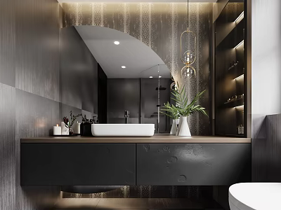 Modern Bathroom Interior With Dark Vanity White Sink Large Mirror Pendant Light And Green Plant 3d model