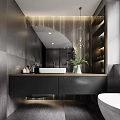 Modern Bathroom Interior With Dark Vanity White Sink Large Mirror Pendant Light And Green Plant