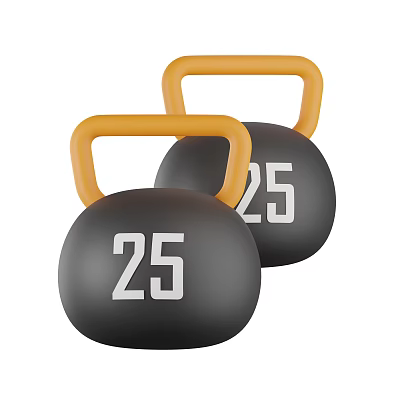 Black Kettlebells with Orange Handles and 25 Weight Markings Fitness Equipment 3d model