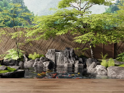 Serene Courtyard Garden with Rock Waterfall Koi Pond Lush Plants Trees and Bamboo Fence 3d model