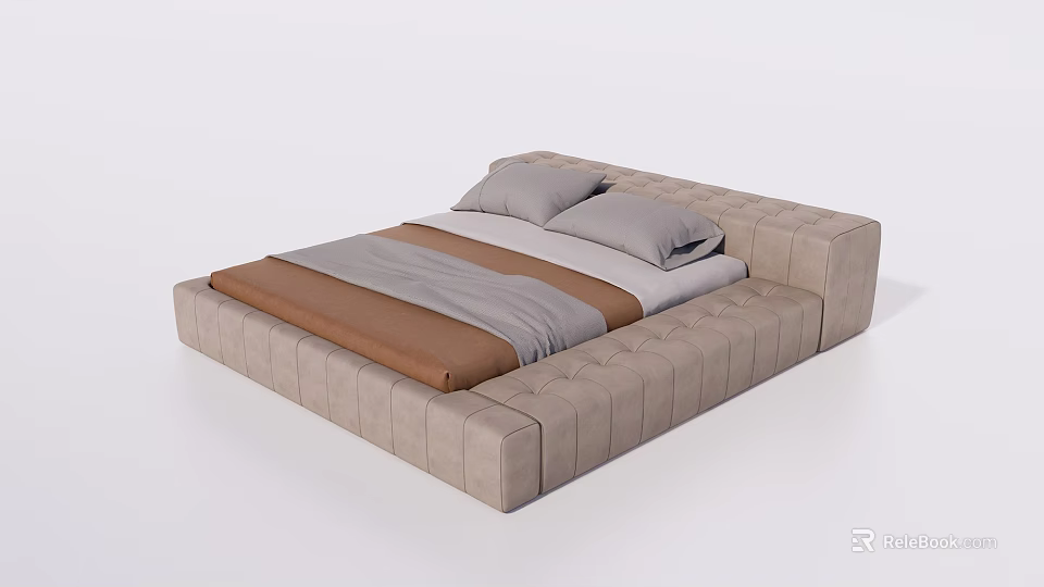 Modern Upholstered Double Bed With Tufted Frame Brown Gray Bedding And Pillows 3d model 