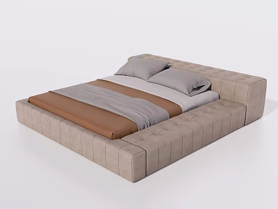 Modern Upholstered Double Bed With Tufted Frame Brown Gray Bedding And Pillows 3d model