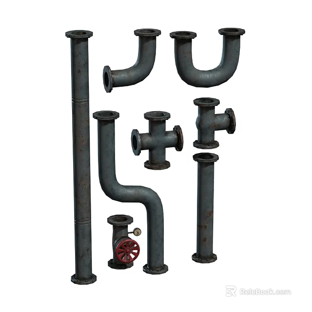 Various Industrial Metal Pipe Fittings Including Elbows Tees and Valves 3d model 