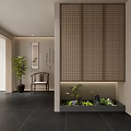 Modern Minimalist Luxury Entryway Hallway Interior With Bamboo Weave Screen Ink Painting And Green Plant