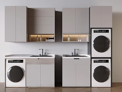 Modern Laundry Room With Stacked Washing Machines Gray Cabinets And Double Sinks 3d model