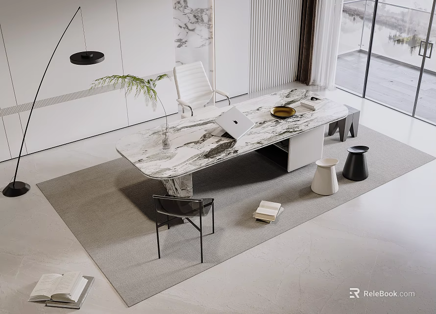 Modern Coffee Table With Marble Top In Living Room With Chair And Green Plant 3d model 