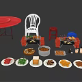Assorted Grilled Skewers With Barbecue Grill Fresh Vegetables And Fried Snacks On Red Table