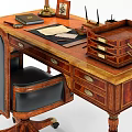 Classic Wooden Office Desk With Table Lamp Photo Frame Glasses And Leather Rolling Chair