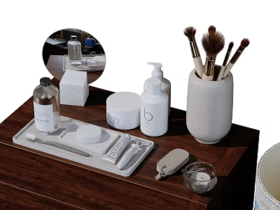 Modern Bathroom Set With Storage Tray Mirror Cosmetic Brushes And Wooden Countertop 3d model