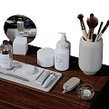 Modern Bathroom Set With Storage Tray Mirror Cosmetic Brushes And Wooden Countertop