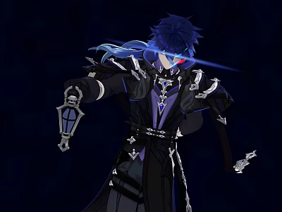 Man With Dark Blue Hair In Black Outfit Holding Lantern And Red Glowing Eyes 3d model