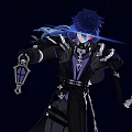 Man With Dark Blue Hair In Black Outfit Holding Lantern And Red Glowing Eyes