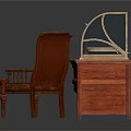 Vintage Wooden Desk And Brown Leather Armchair With Glass Doors Metal Accents And Button Tufting
