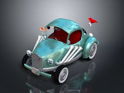 Vintage Light Green Toy Car with Red Seats Silver Decorations and Small Red Flag 3d model