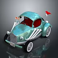 Vintage Light Green Toy Car with Red Seats Silver Decorations and Small Red Flag