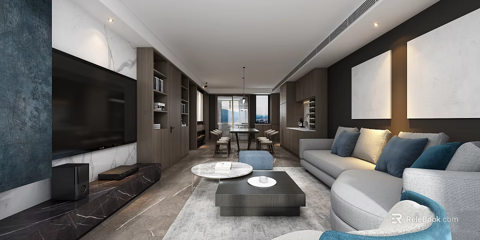 Modern Living Dining Room Interior With Gray Sofa Coffee Table Dining Set And Storage Cabinets 3d model 