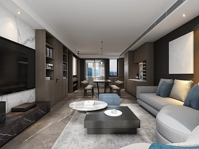 Modern Living Dining Room Interior With Gray Sofa Coffee Table Dining Set And Storage Cabinets 3d model