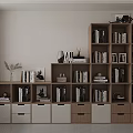 Modern Wooden Bookcase Interior With Open Shelves Drawers Books And Decorative Items