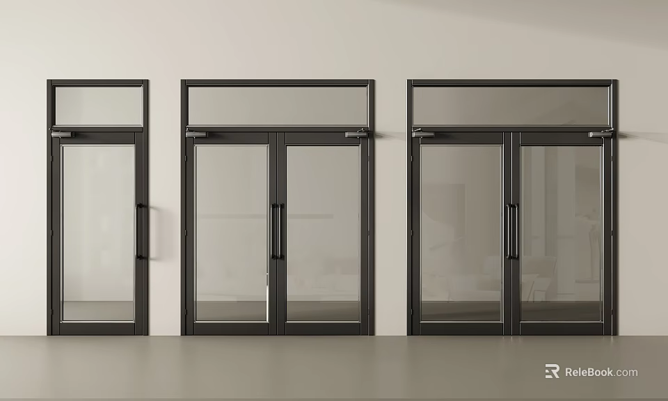 Three Sets of Double Doors with Black Frames and Glass in Modern Interior Space 3d model 