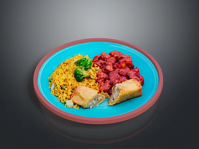 Tasty Rice Broccoli Meat and Bitten Fried Rolls Served on Blue Plate 3d model