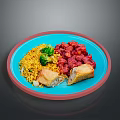 Tasty Rice Broccoli Meat and Bitten Fried Rolls Served on Blue Plate