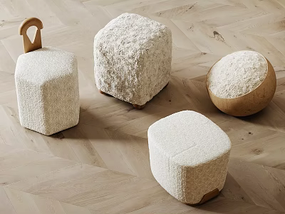 Cozy Modern Stools With Plush Fabric Wooden Legs Square Round Hexagonal Shapes 3d model