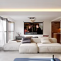 Modern Living Dining Room Interior With Large Windows White Sofa Rug And TV Wall