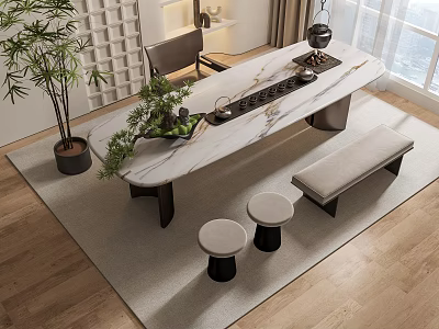 Modern Tea Table With Stools Marble Top Interior Potted Plants Window And Rug 3d model