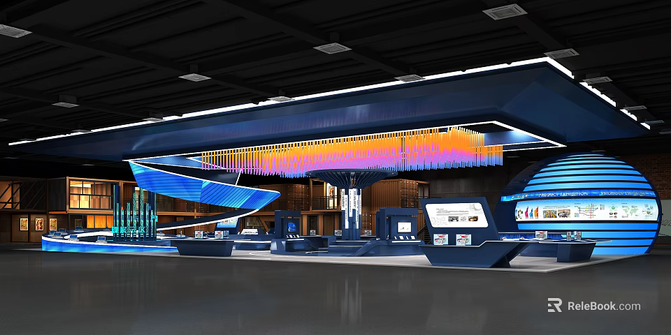 Modern Exhibition Booth With Blue Stylish Design Lighting Decor And Digital Display Screens 3d model 