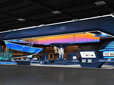 Modern Exhibition Booth With Blue Stylish Design Lighting Decor And Digital Display Screens 3d model