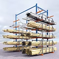 Industrial Storage Racks With Metal Frames Storing Wooden Planks And Metal Bars