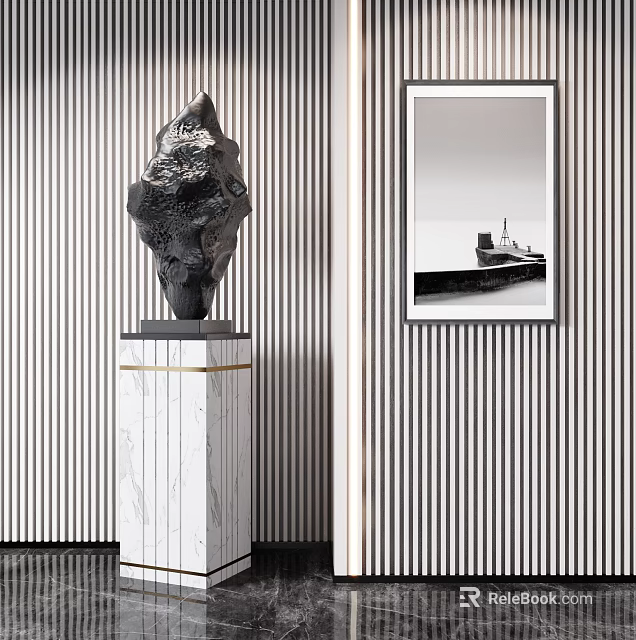 Elegant Abstract Modern Sculpture On Marble Pedestal With Striped Wall Background 3d model 